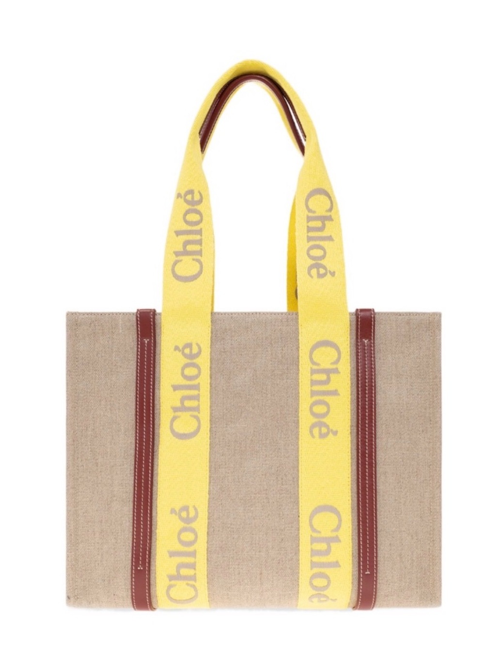 Chloé Woody Medium Beige Tote with Yellow Logo Straps and Brown Trim